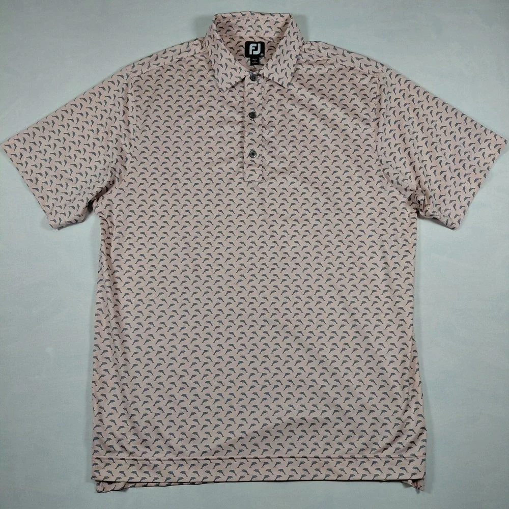 Footjoy FJ Mens Golf Polo Shirt M Pink Dolphin Print Short Sleeve Collared
